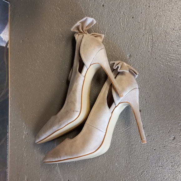 Jolimall Cream Colored,Bow-Tye Back, Adjustable Ankle Strap, Pointed Toe Heels - Picture 8 of 14